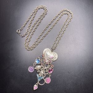 Long Silver Charm Pendant Necklace Heart Whimsical Romantic Pink Blue Vintage